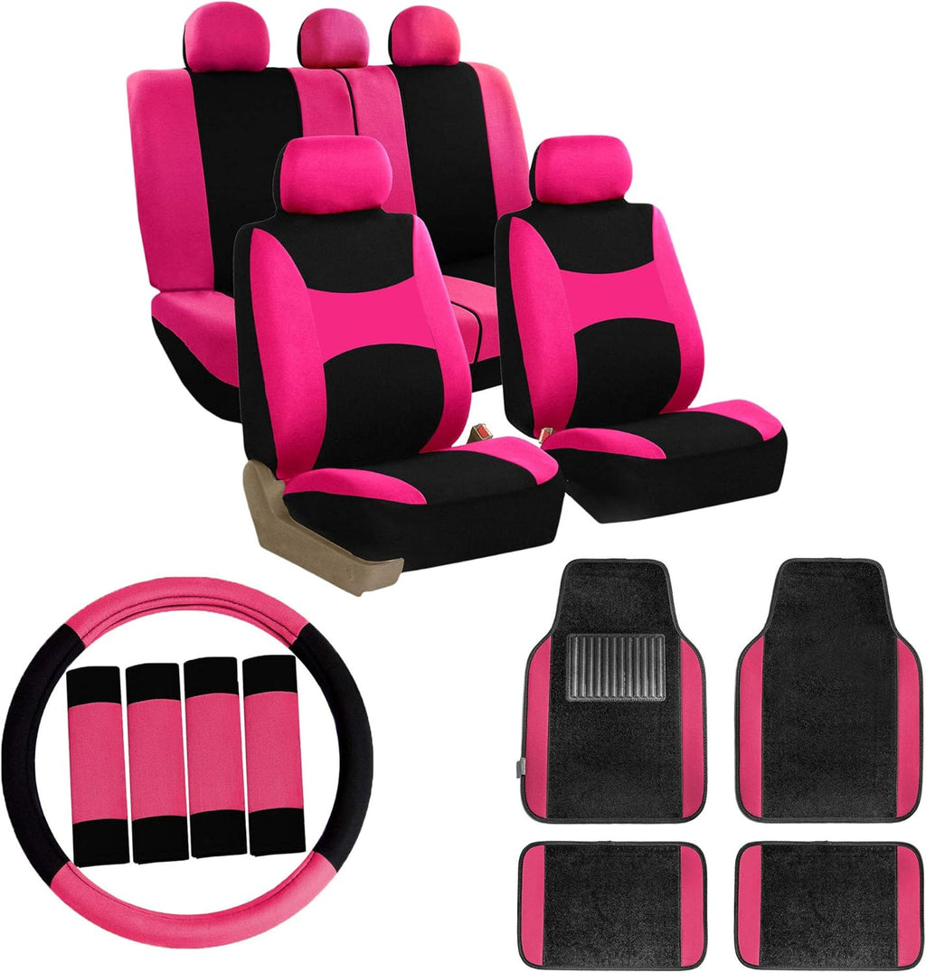 Orange Car Seat Covers Full Set with Carpet Floor Mats Steering Wheel Cover and Seat Belt Pads L354820