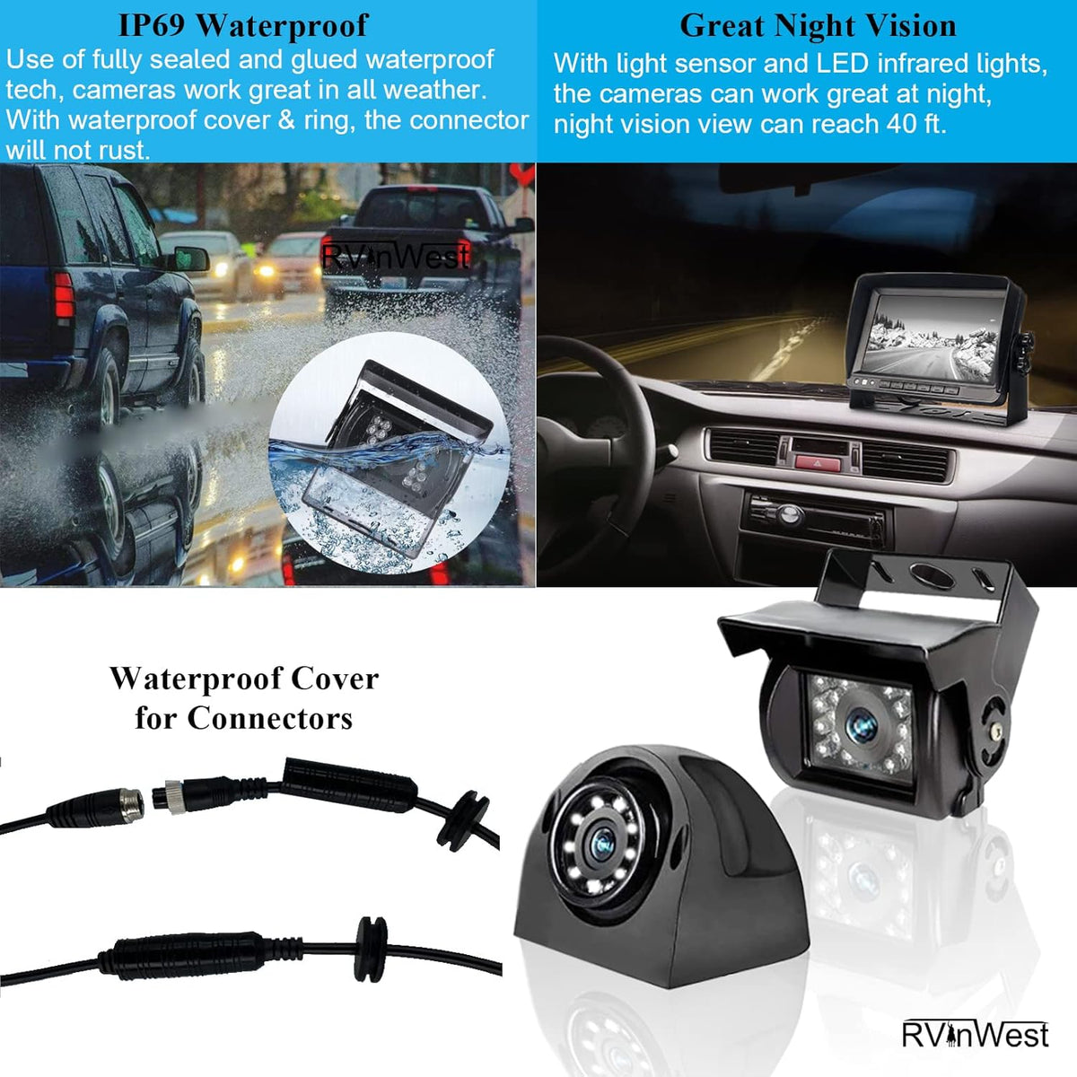 9'' 1080P 4 Split Screen HD DVR Monitor with IP69 Waterproof Night Vision Camera S884360