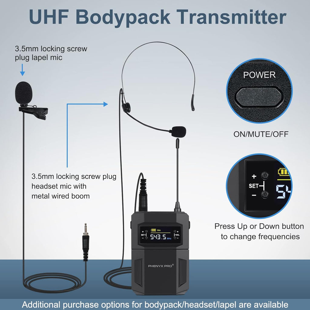 UHF Wireless Microphone System, 30 Adjustable Frequencies, Cordless Handheld/Bodypack/Headset/Lapel Mic Set with Case, 200ft Coverage M5728
