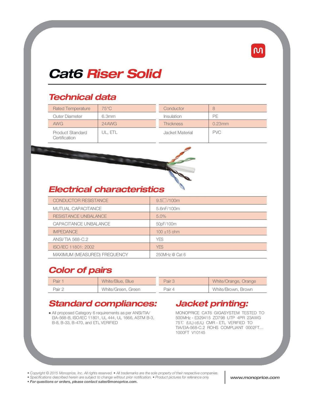 Red 1000ft 23AWG Cat6 UTP Solid Bulk Ethernet Cable T7242
