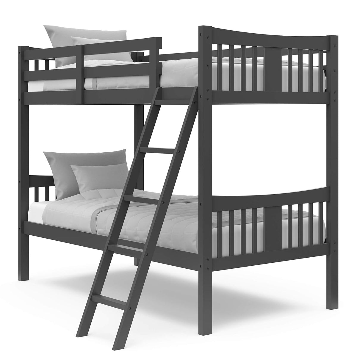 White Twin Solid Hardwood Bunk Bed with Ladder and Safety Rail D249081
