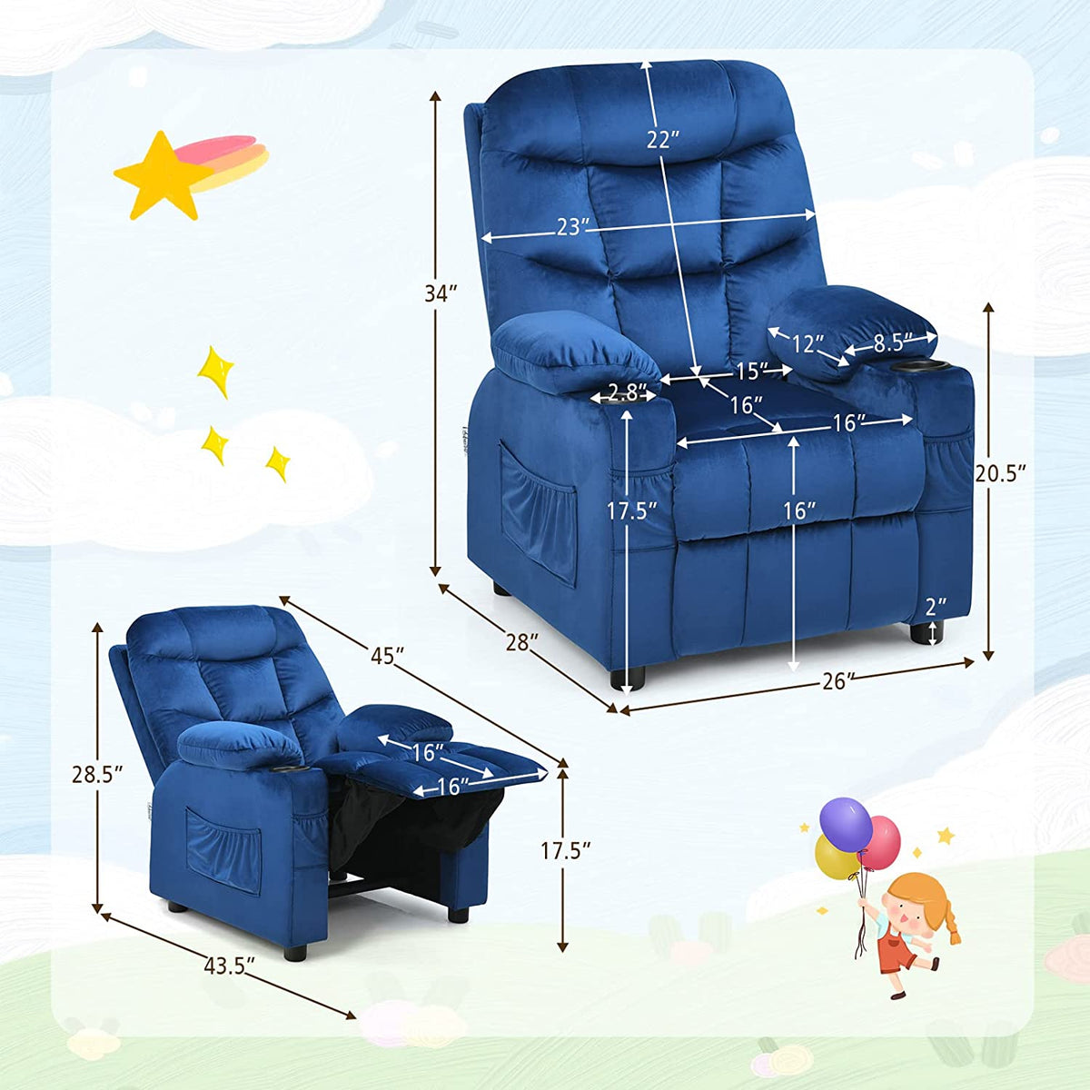 Blue Toddler Recliner Chair with Cup Holder N525131