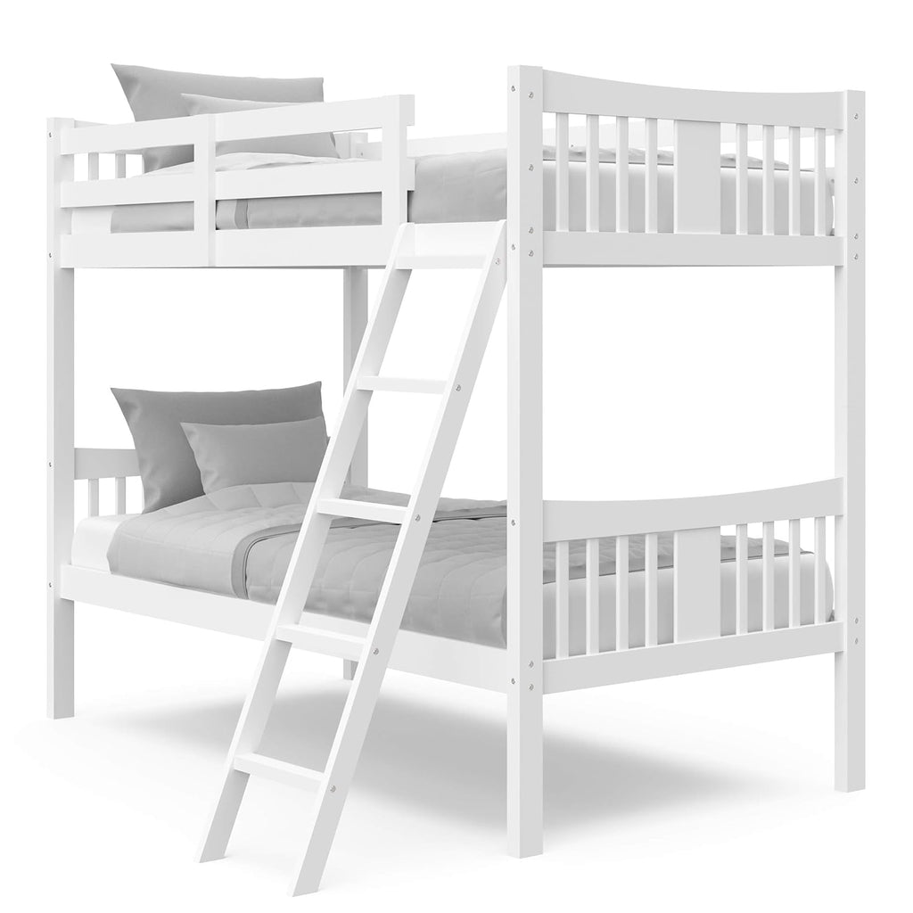 White Twin Solid Hardwood Bunk Bed with Ladder and Safety Rail D249081