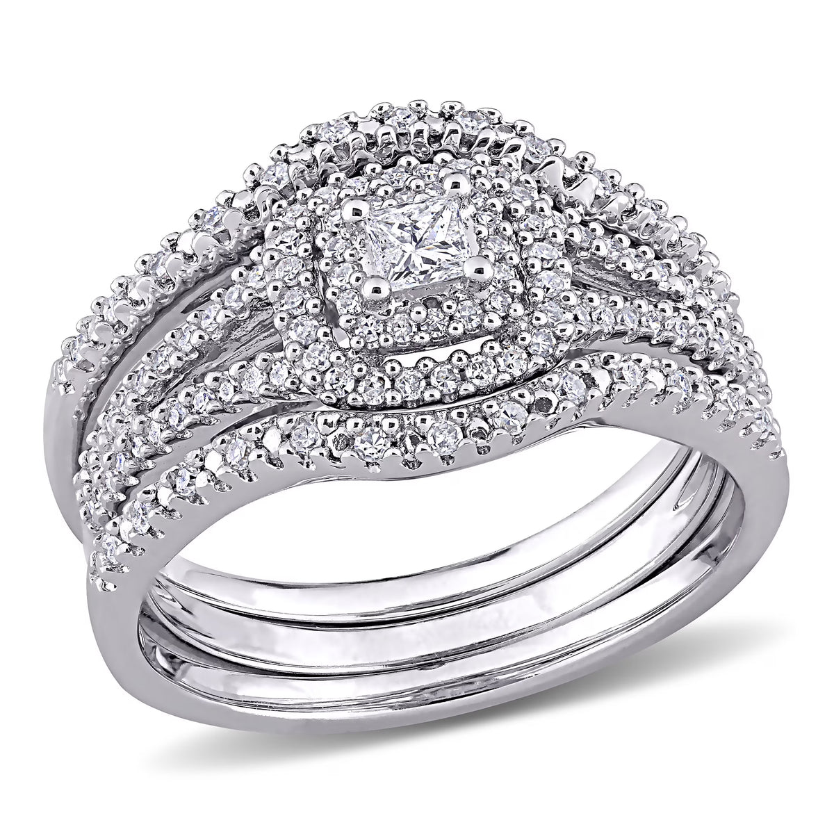1/2 Carat Diamond Cluster Halo Bridal Set in Sterling Silver D3468