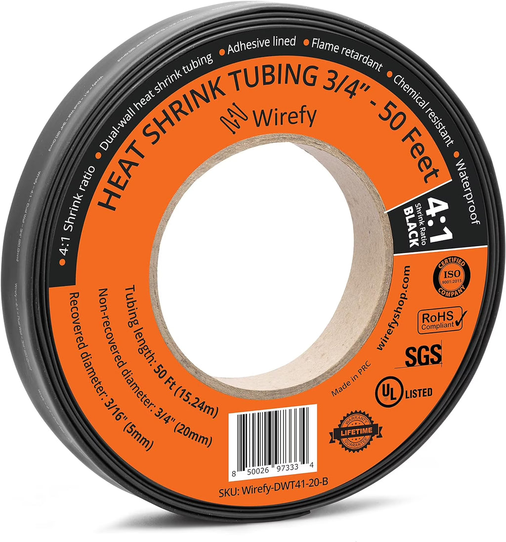 3/4" 4:1 Ratio Adhesive Lined Heat Shrink Tubing 50 Feet Roll Black K33313