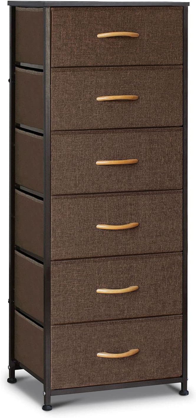 Gray Fabric 6 Drawers Vertical Storage Tower with Metal Frame and Wooden Top W3840