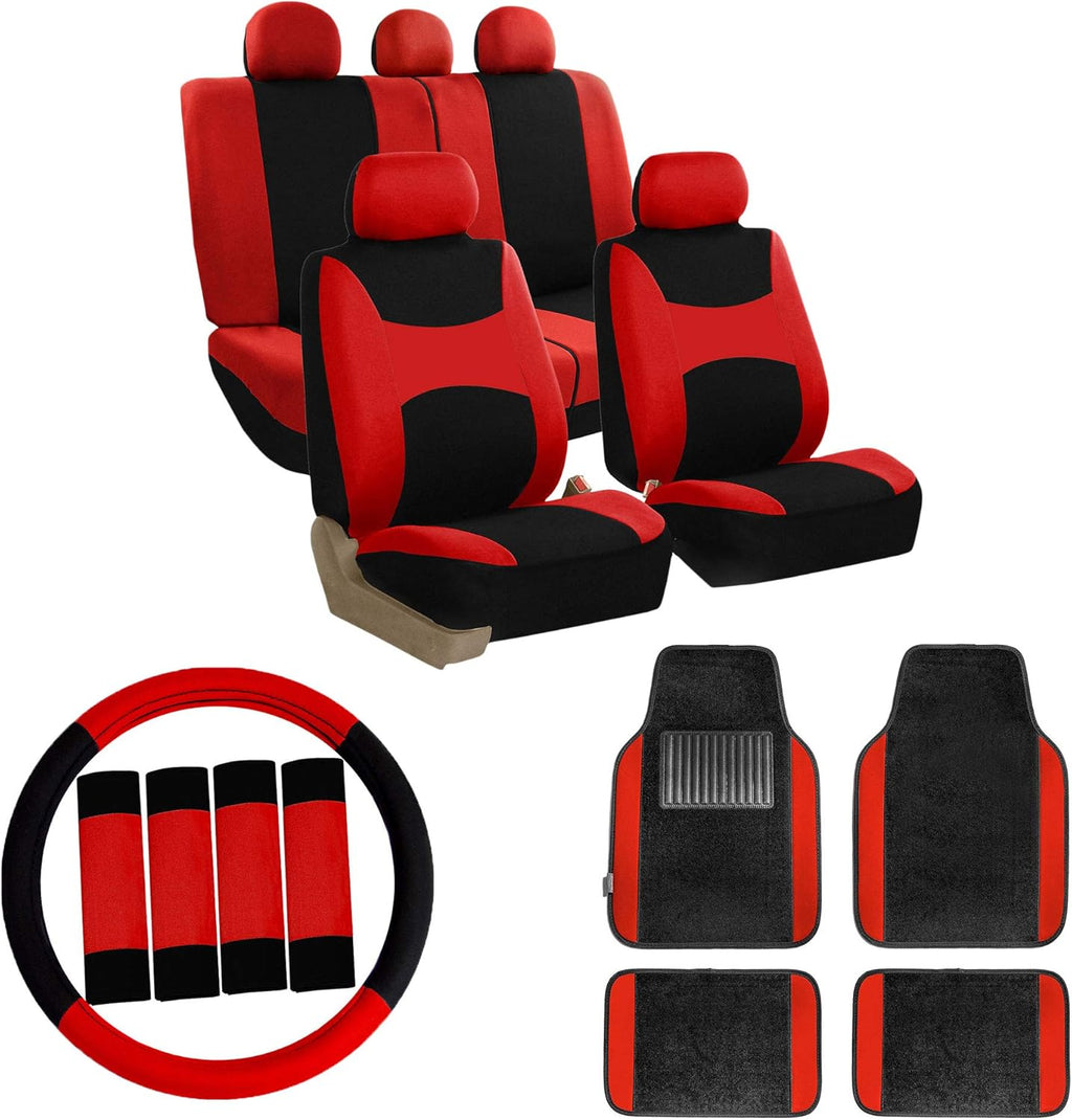 Orange Car Seat Covers Full Set with Carpet Floor Mats Steering Wheel Cover and Seat Belt Pads L354820