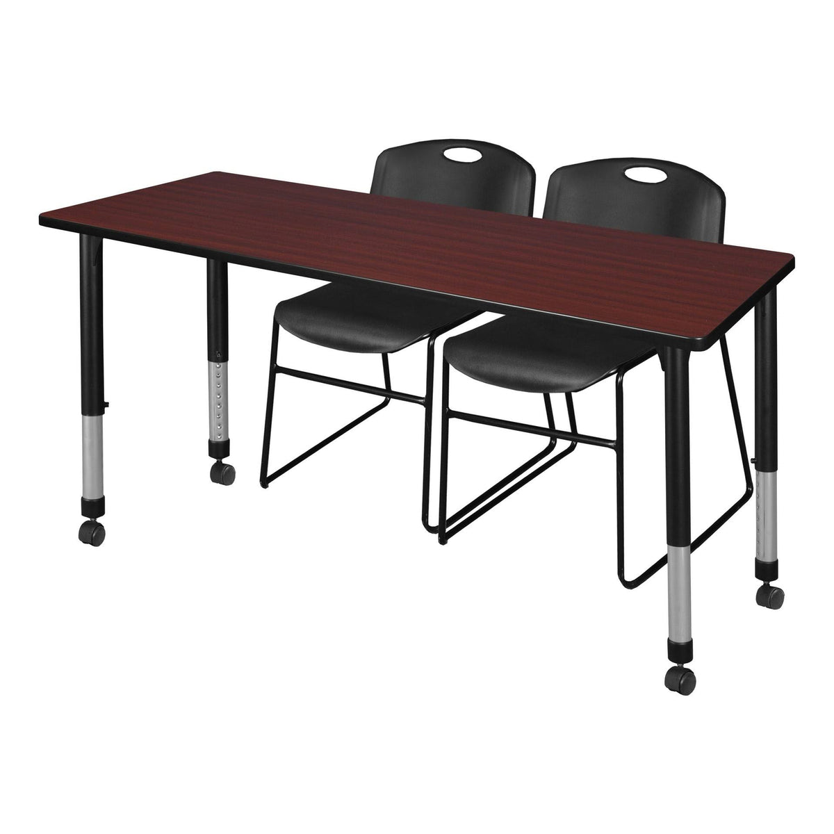 Mahogany Height Adjustable Mobile Classroom Table with 2 Stack Chairs I898