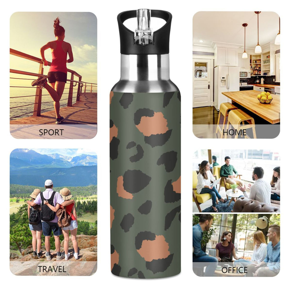 Green-brown Leopard Print 20 OZ Stainless Steel Vacuum Insulated Water Bottle with Straw Lid E684322