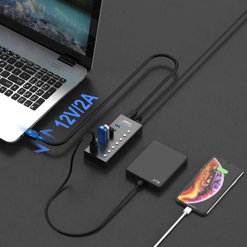 Aluminum USB 3.0 Data Hub Splitter 7 Ports with Power Adapter, Pack of 2 I864