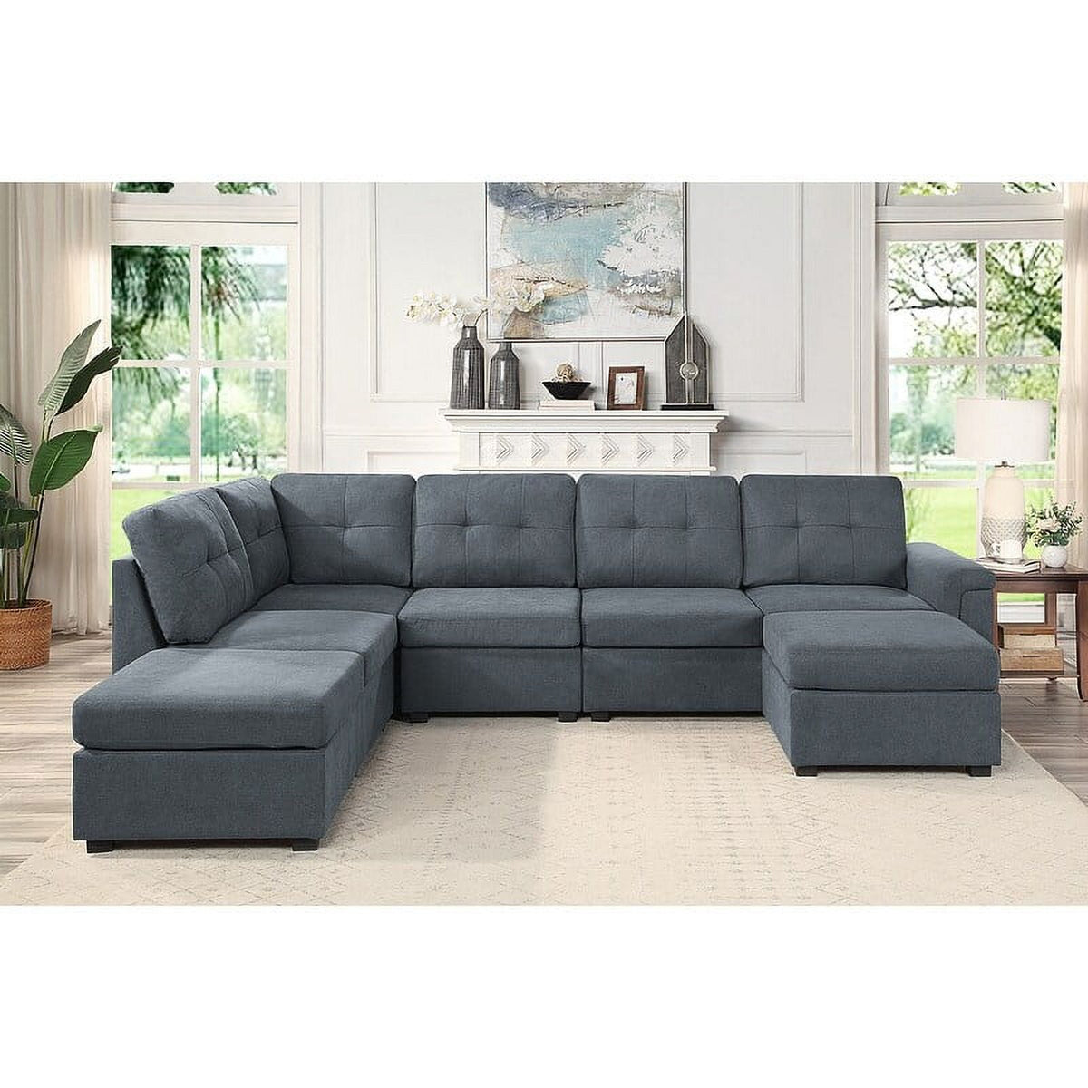 Gray Woven Fabric 7-Seater Sectional Sofa with Ottomans X37343