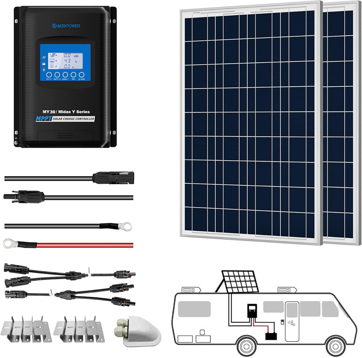 200W 12/24V Polycrystalline Off-Grid Solar Panel Kit with 30A MPPT Controller X43167