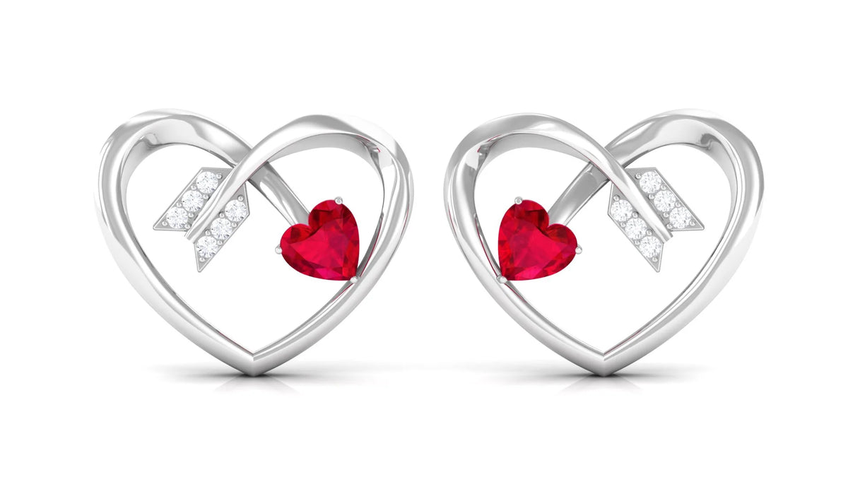 Heart Arrow Stud Earrings with 3/4 CT Created Ruby and Diamonds, 925 Sterling Silver G332221