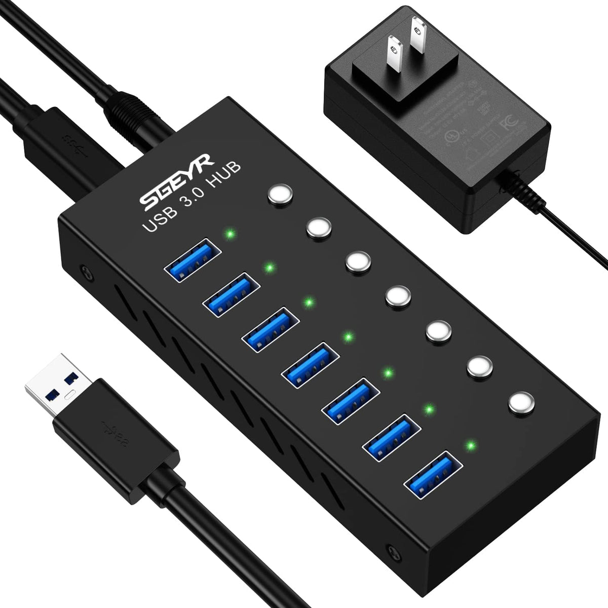 Aluminum USB 3.0 Data Hub Splitter 7 Ports with Power Adapter, Pack of 2 I864
