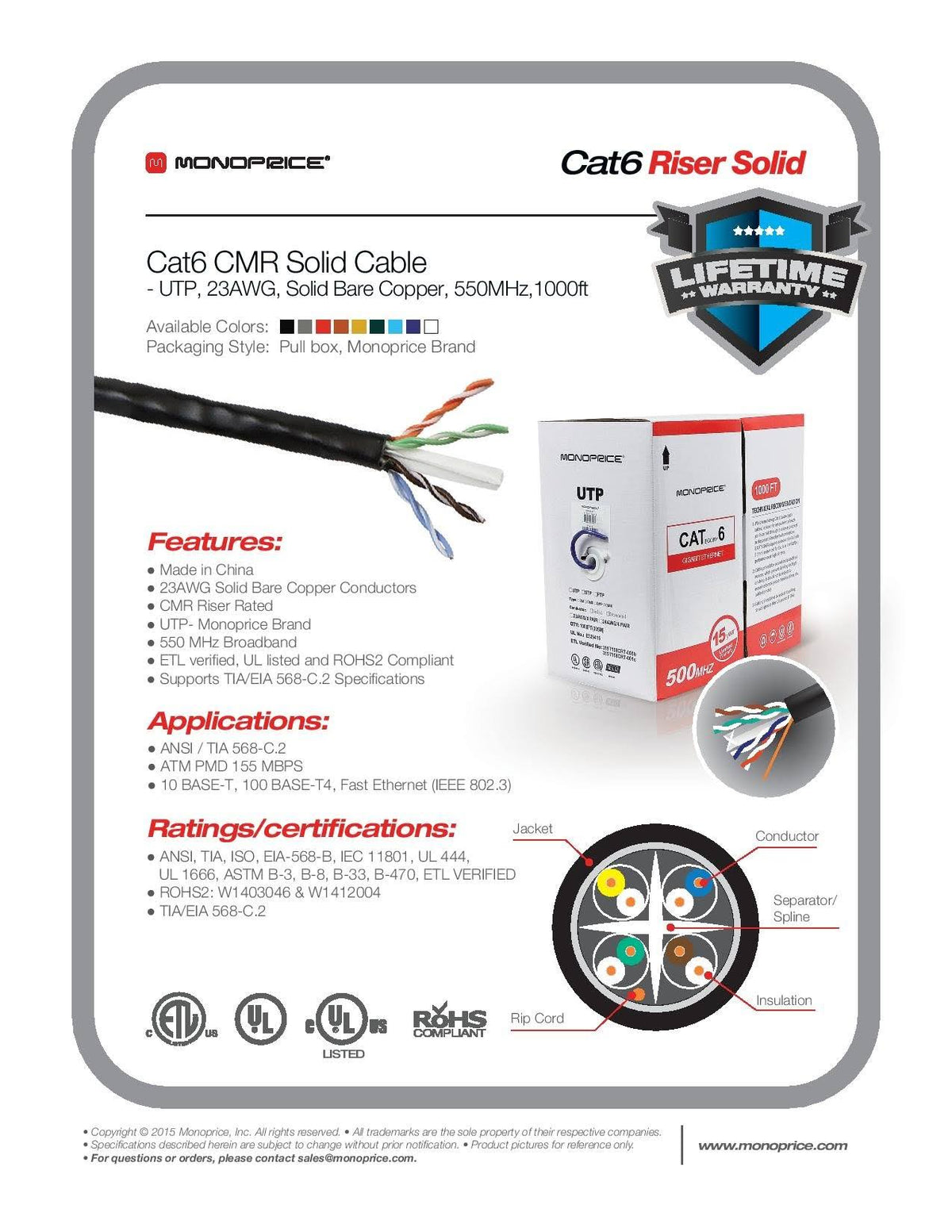 Red 1000ft 23AWG Cat6 UTP Solid Bulk Ethernet Cable T7242