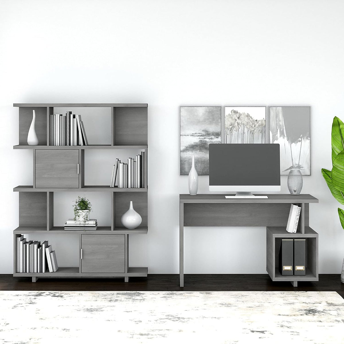 Modern Gray Writing Desk with Etagere Bookcase D95772