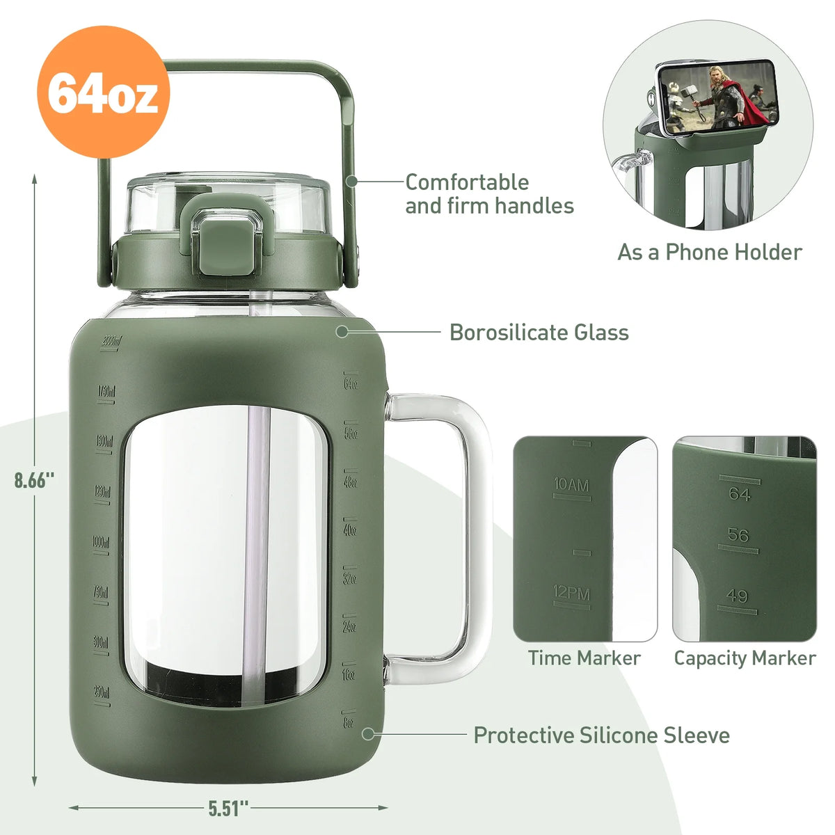 64oz Glass Water Bottle with Straw and Handle N358701