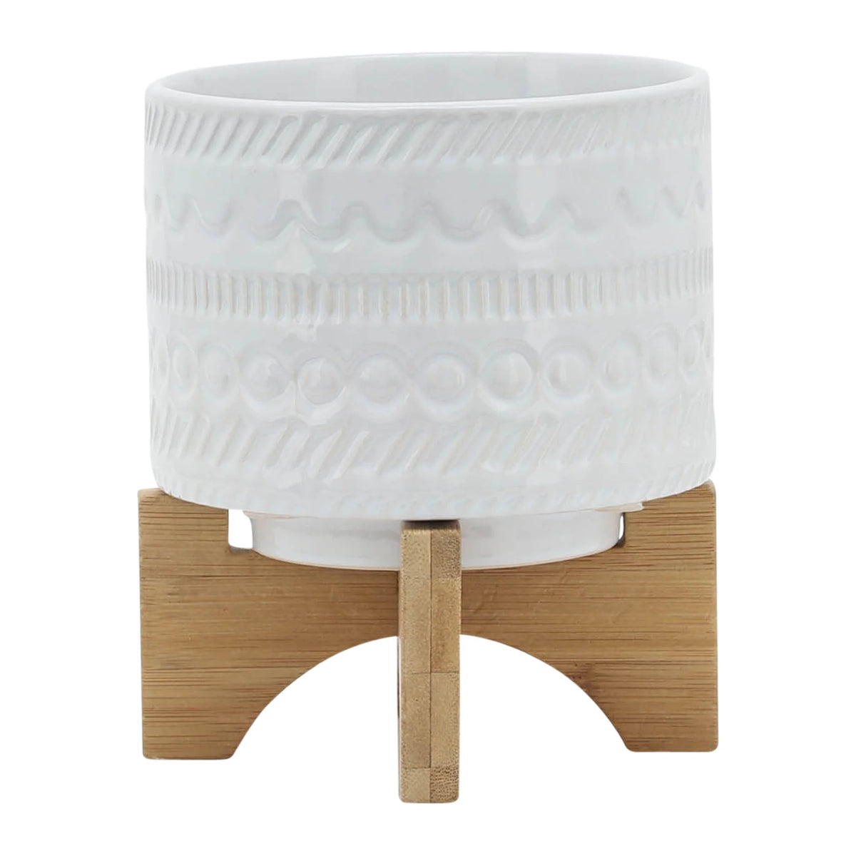 White Ceramic Round Planter with Wood Stand M43633