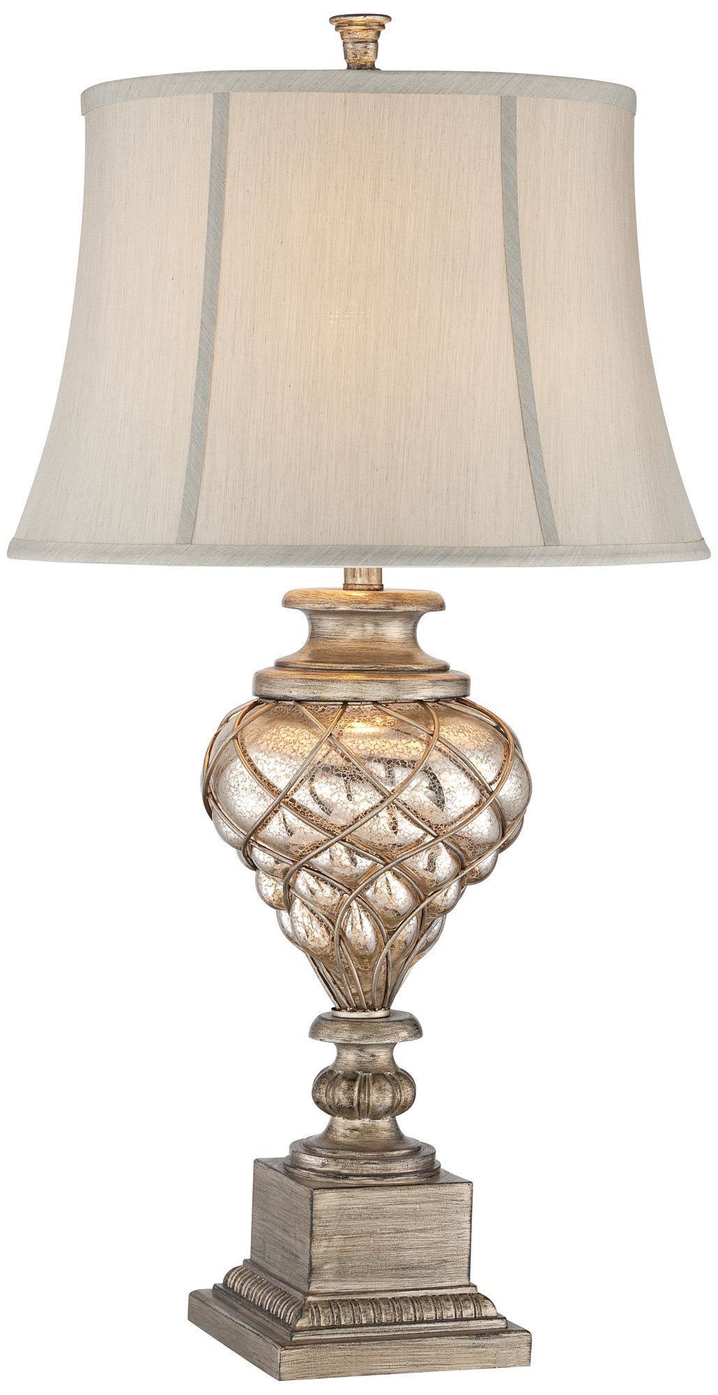 Traditional Table Lamp with Nightlight LED Mercury Glass Off White Fabric Bell Shade A59706