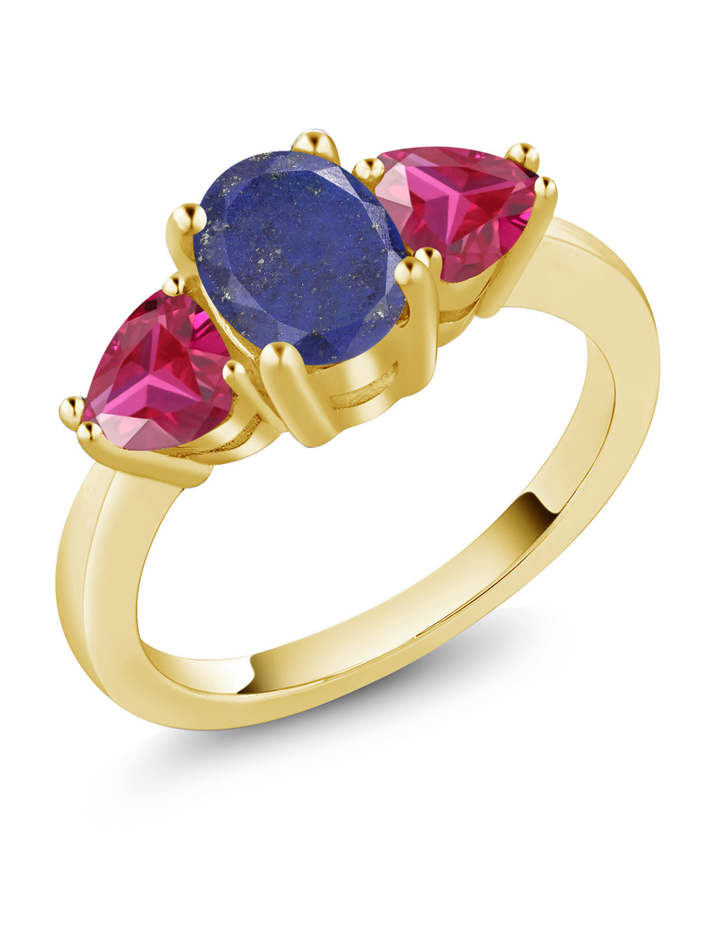 Oval Blue Lapis Red Created Ruby 18K Yellow Gold Plated Silver Ring J5380