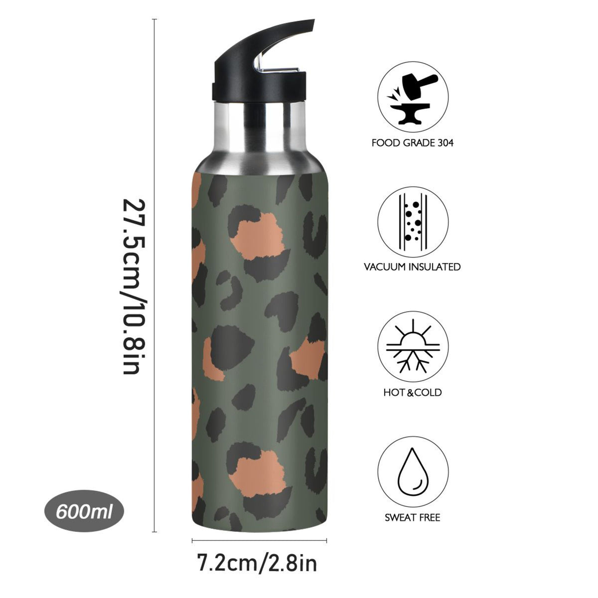 Green-brown Leopard Print 20 OZ Stainless Steel Vacuum Insulated Water Bottle with Straw Lid E684322