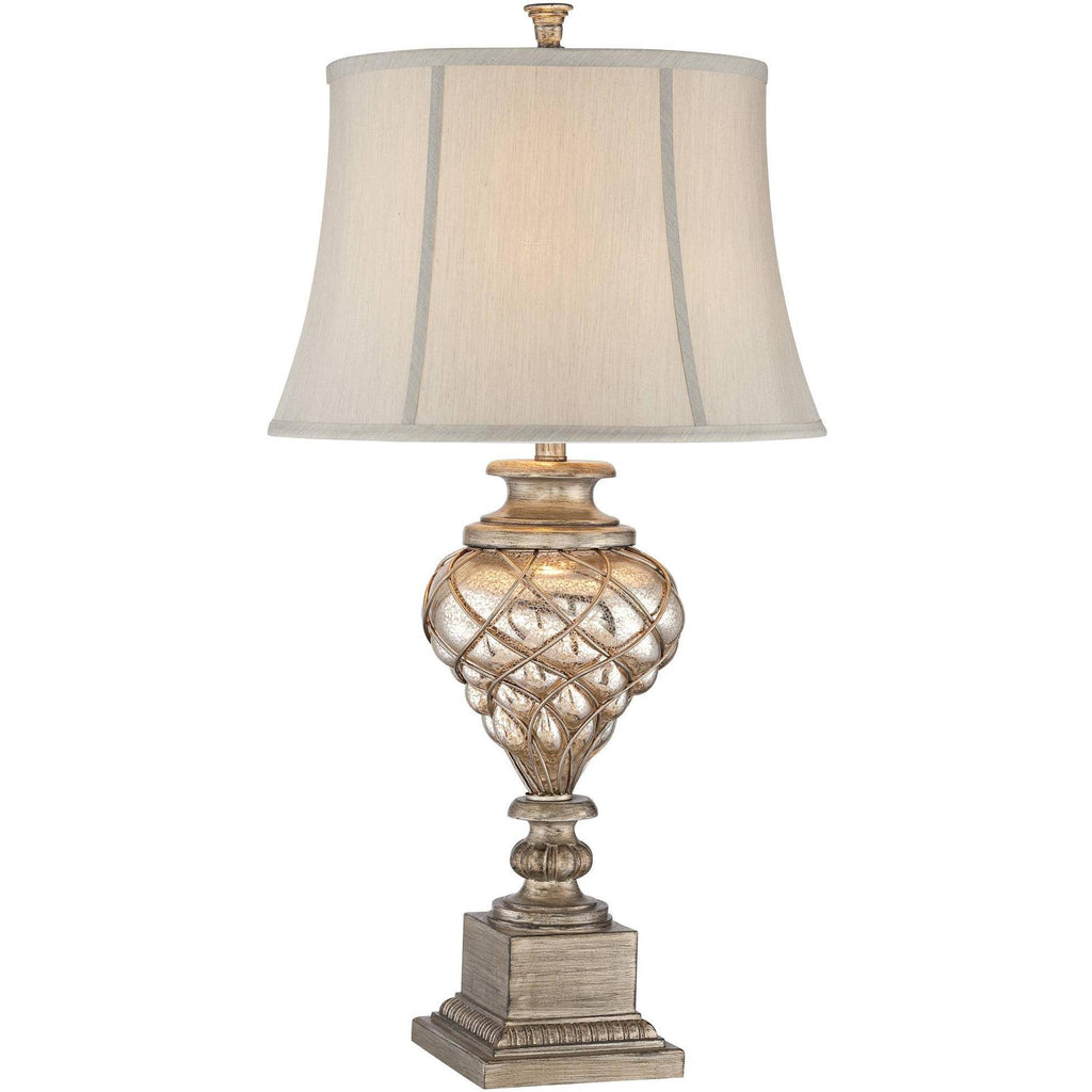 Traditional Table Lamp with Nightlight LED Mercury Glass Off White Fabric Bell Shade A59706