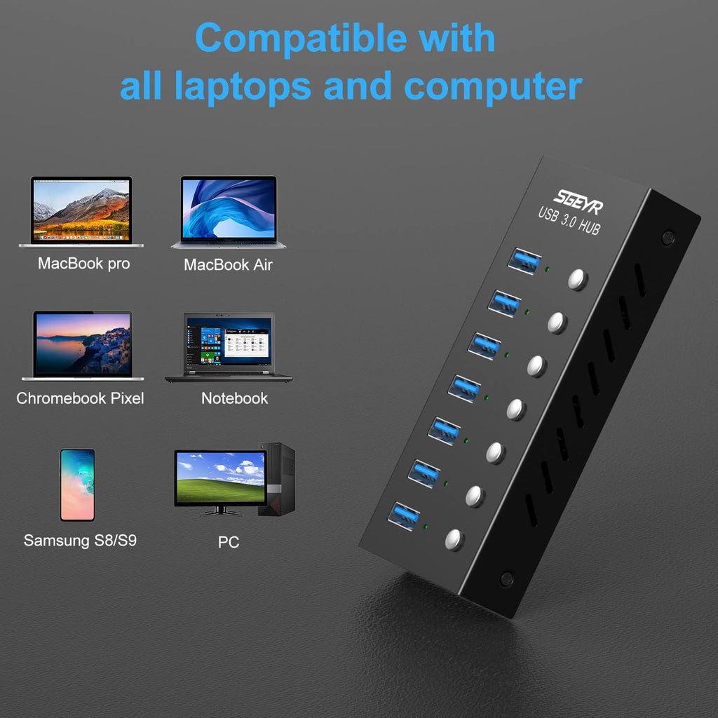 Aluminum USB 3.0 Data Hub Splitter 7 Ports with Power Adapter, Pack of 2 I864