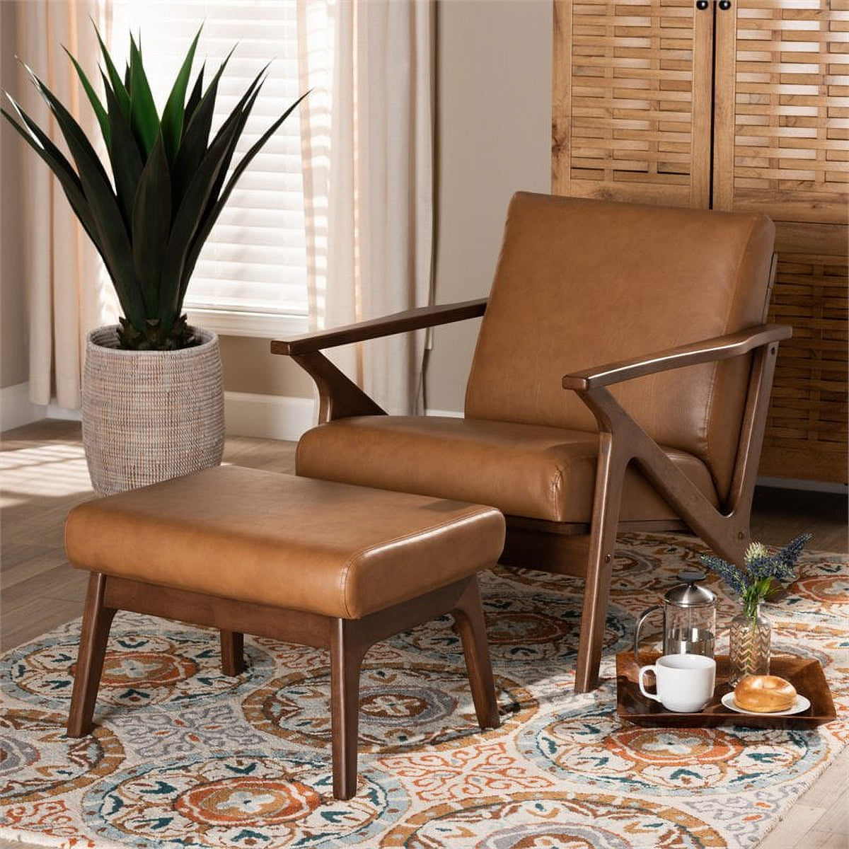 Brown Finished Wood 2-Piece Lounge Chair and Ottoman Set J4022