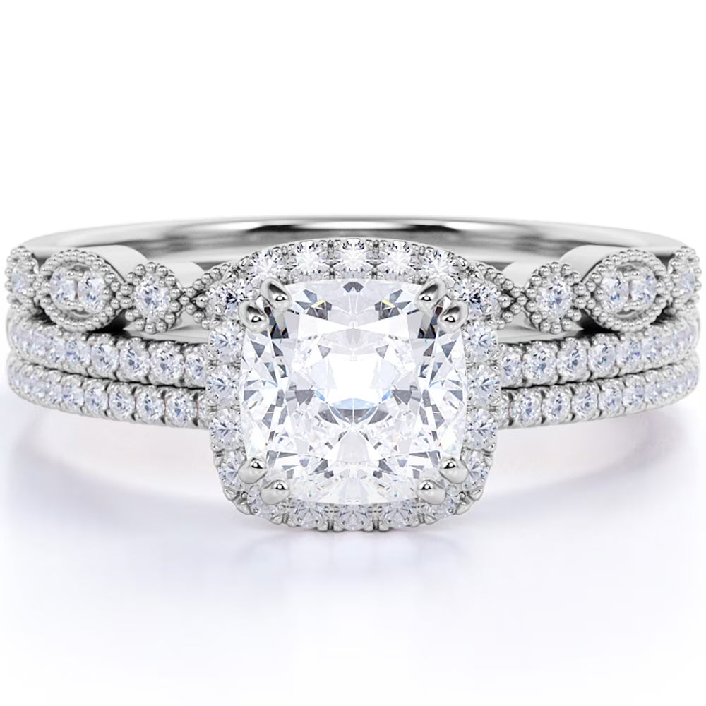 1.75 Carat Moissanite Wedding Trio Ring Set with Engagement Ring and 2 Wedding Bands in 18k Gold Over Silver V654780
