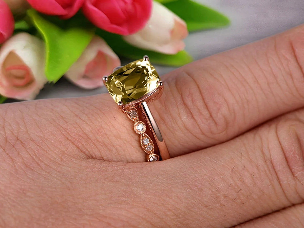 10K Rose Gold Cushion Cut Champagne Diamond Moissanite Solitaire Engagement Ring With Matching Band D59614