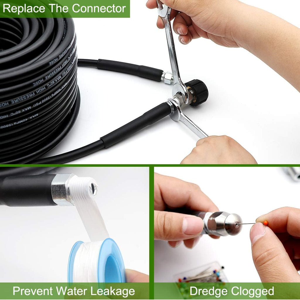 Sewer Jetter Kit 50FT, 5800PSI Drain Cleaner Hose 1/4 Inch NPT, Sewer Jetting Nozzle with Spanner Waterproof Tape O330