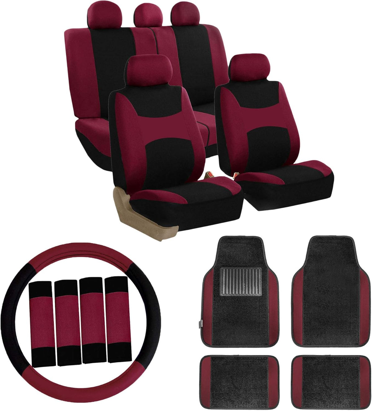Orange Car Seat Covers Full Set with Carpet Floor Mats Steering Wheel Cover and Seat Belt Pads L354820