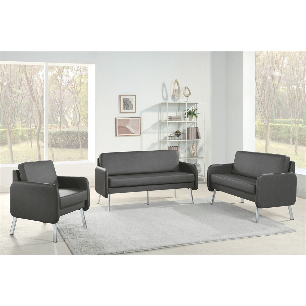 Smoke Faux Leather Lounge Sofa with Chrome Legs X850