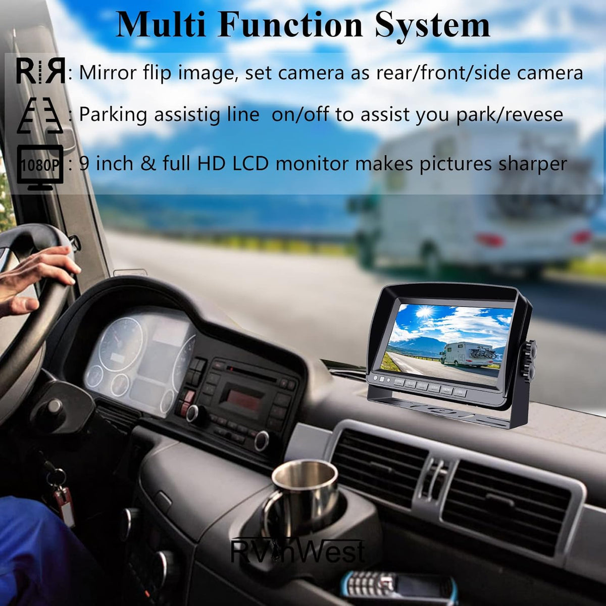 9'' 1080P 4 Split Screen HD DVR Monitor with IP69 Waterproof Night Vision Camera S884360