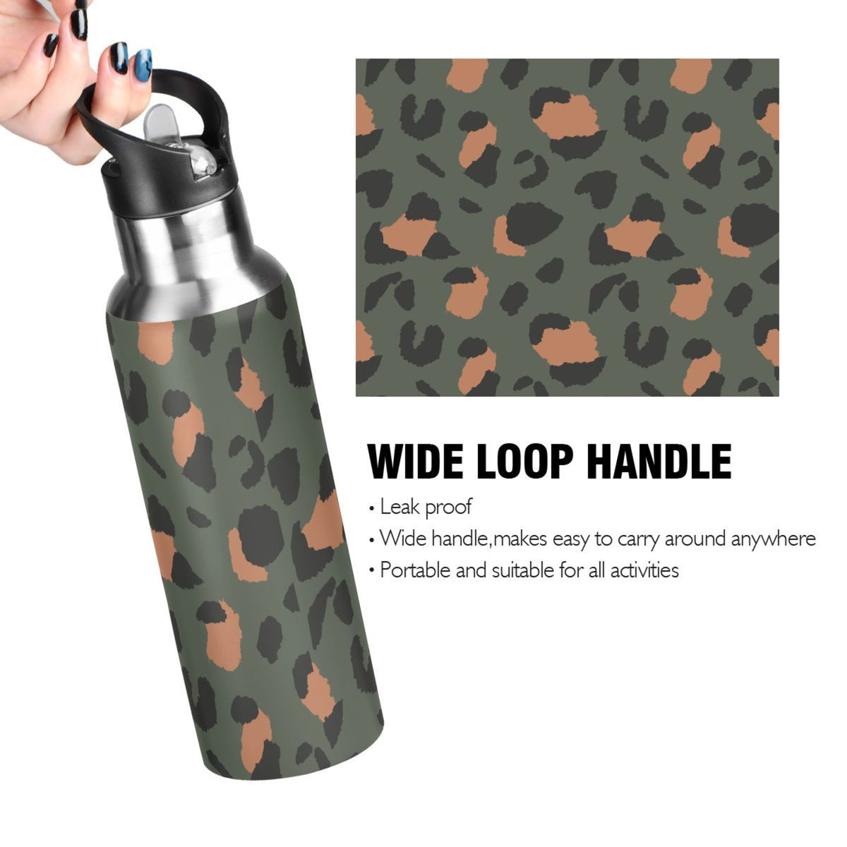 Green-brown Leopard Print 20 OZ Stainless Steel Vacuum Insulated Water Bottle with Straw Lid E684322