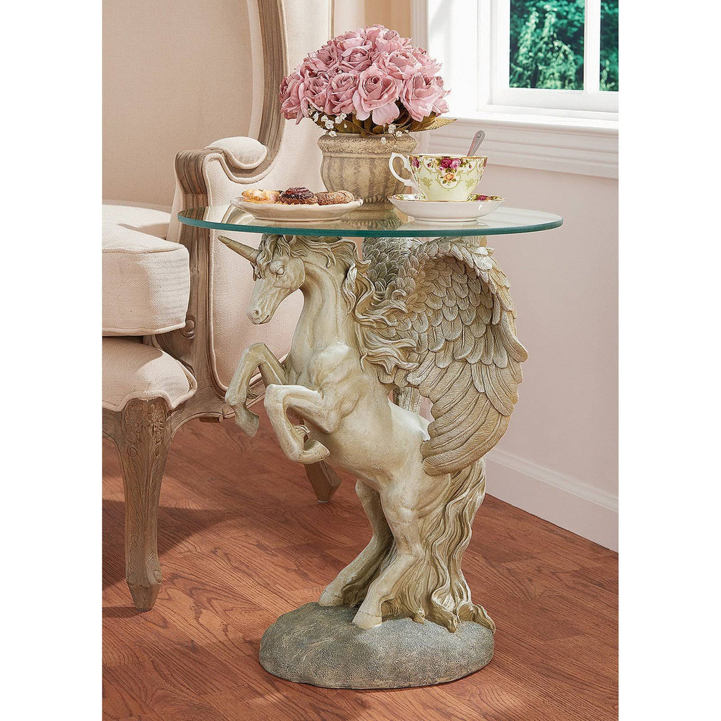 Mystical Winged Unicorn Sculptural Glass-Topped Table G7664