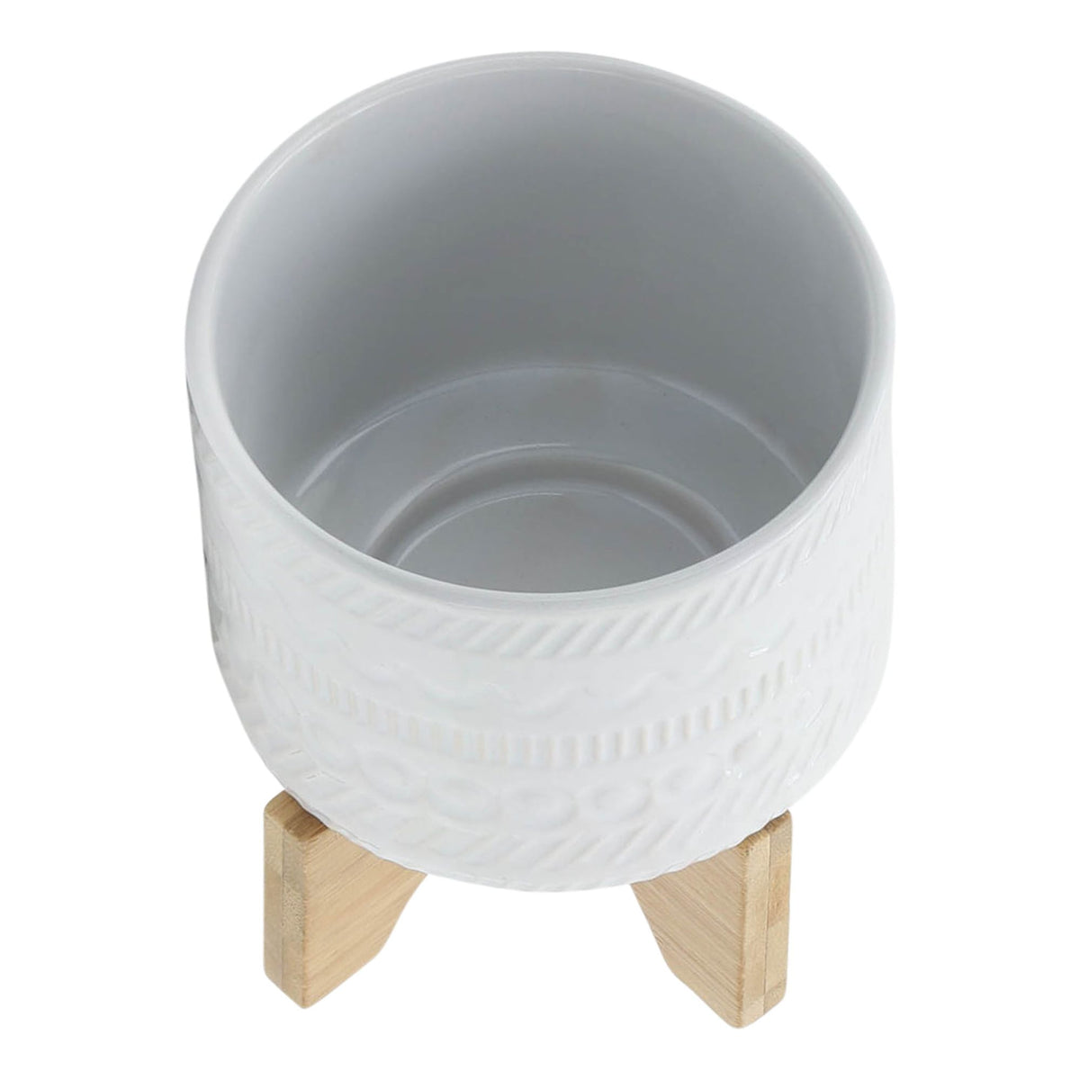 White Ceramic Round Planter with Wood Stand M43633
