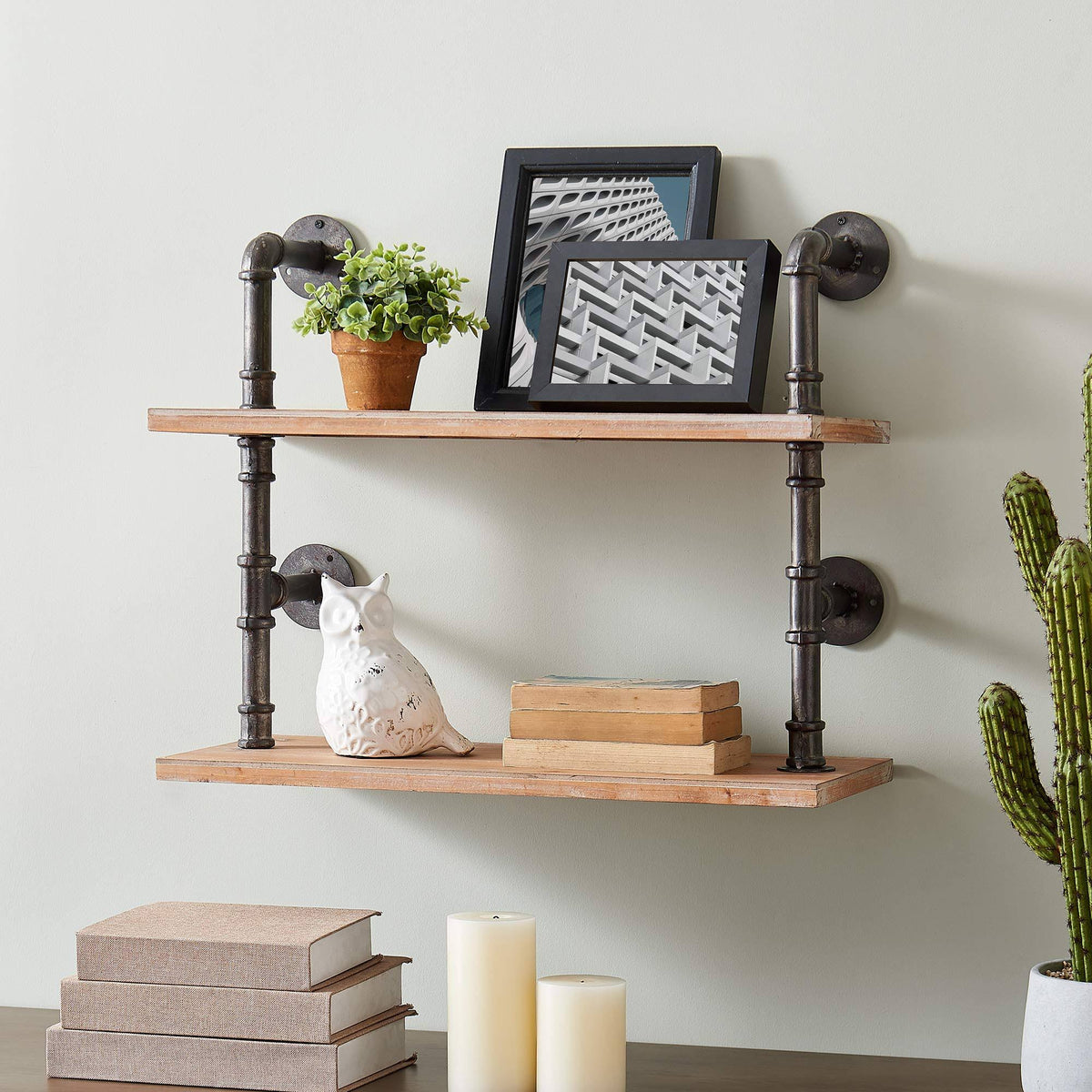 Industrial Pipe Wall Shelf, Brown, Wood, 24 x 9.5 x 20 in A686464