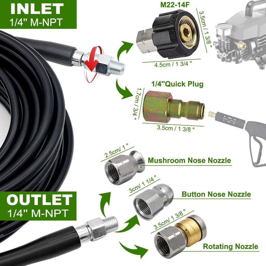 Sewer Jetter Kit 50FT, 5800PSI Drain Cleaner Hose 1/4 Inch NPT, Sewer Jetting Nozzle with Spanner Waterproof Tape O330