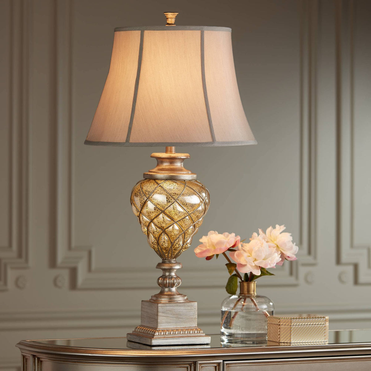 Traditional Table Lamp with Nightlight LED Mercury Glass Off White Fabric Bell Shade A59706