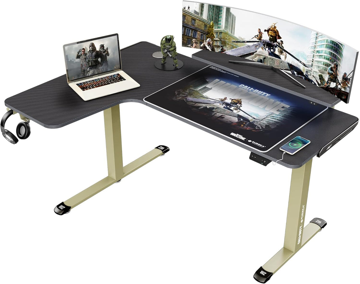 61 inches Height Adjustable Electric L-Shaped Standing Desk with USB Charged Monitor Stand Headphone Hook Mouse Pad Y3992
