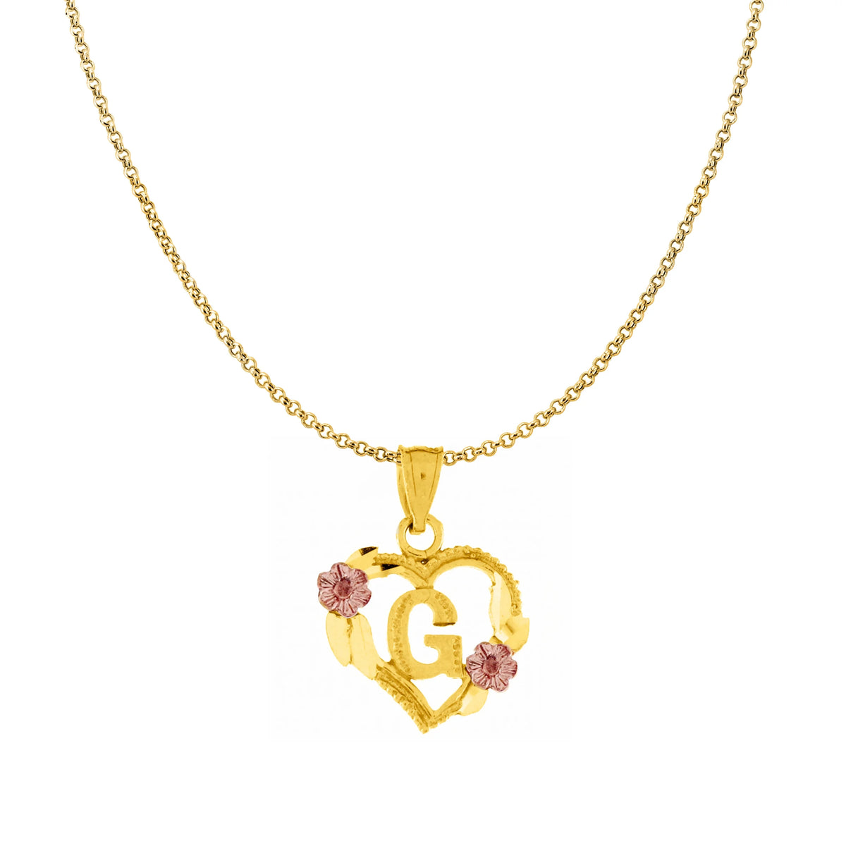 14K Two-Tone Gold Flower and Heart-Shaped Initial Pendant with 16" Chain Necklace J344