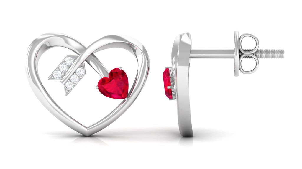 Heart Arrow Stud Earrings with 3/4 CT Created Ruby and Diamonds, 925 Sterling Silver G332221