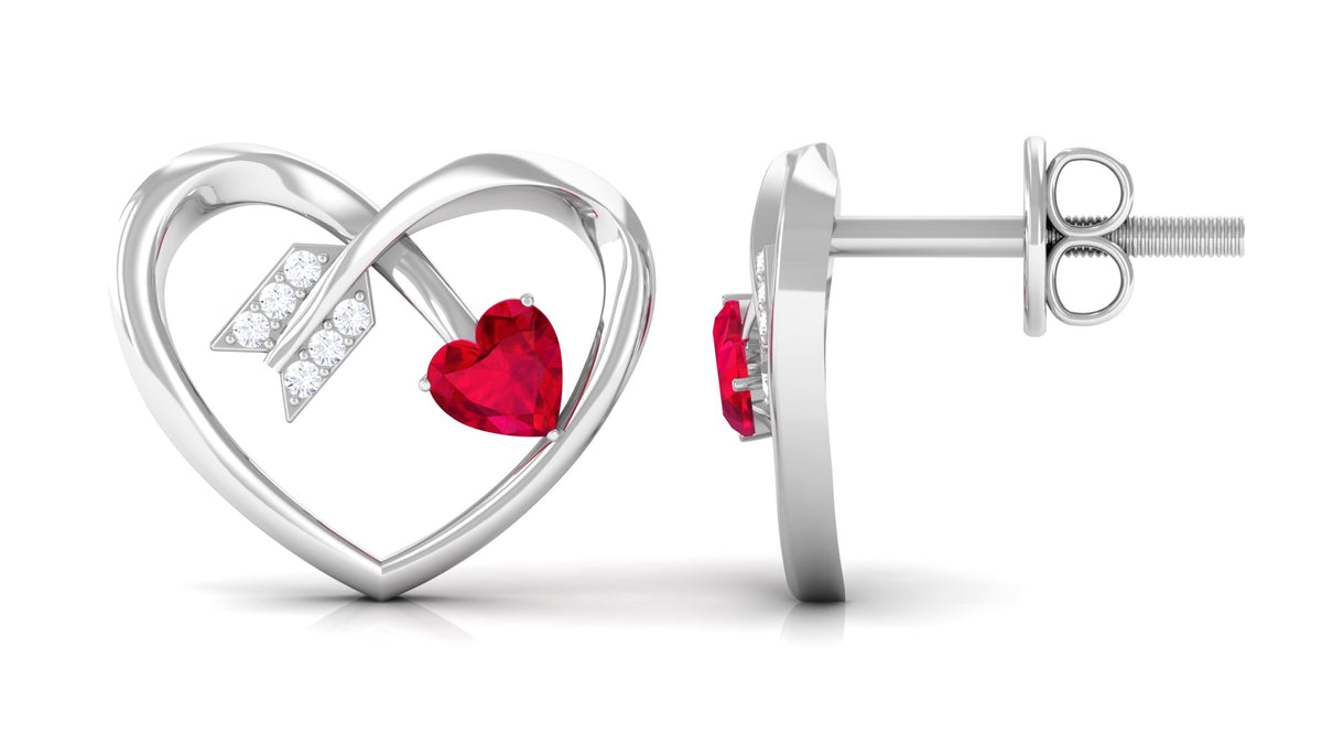 Heart Arrow Stud Earrings with 3/4 CT Created Ruby and Diamonds, 925 Sterling Silver G332221