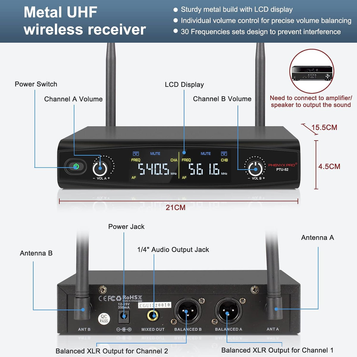 UHF Wireless Microphone System, 30 Adjustable Frequencies, Cordless Handheld/Bodypack/Headset/Lapel Mic Set with Case, 200ft Coverage M5728