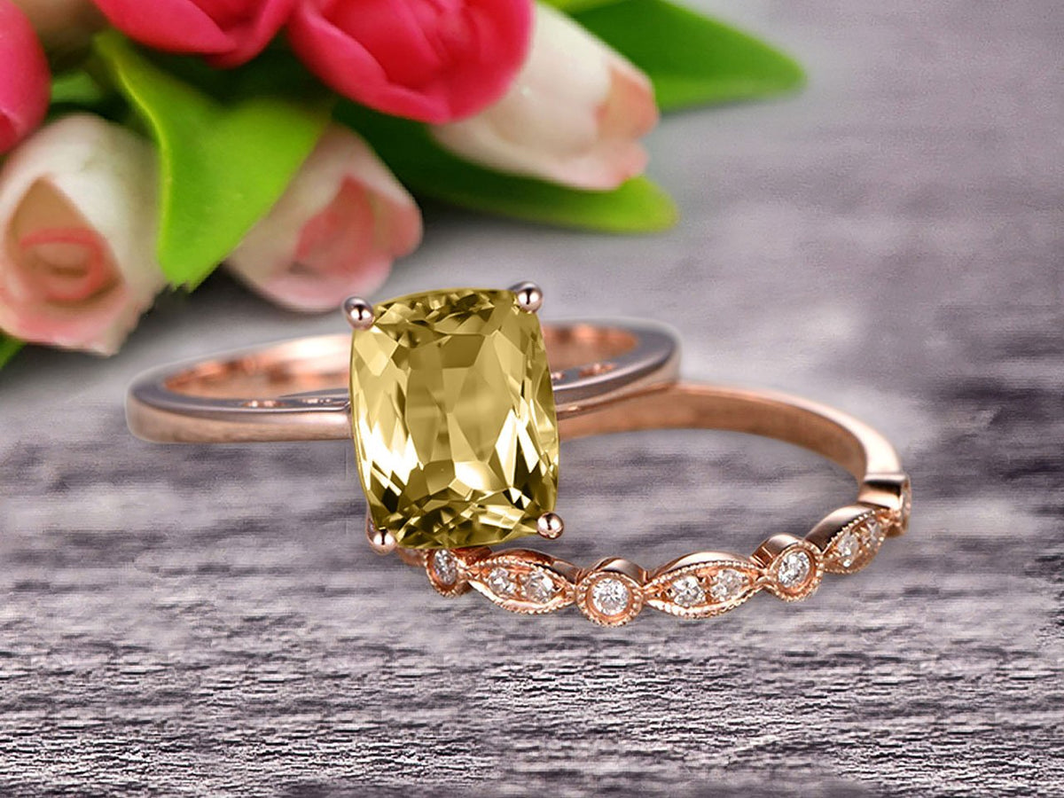 10K Rose Gold Cushion Cut Champagne Diamond Moissanite Solitaire Engagement Ring With Matching Band D59614