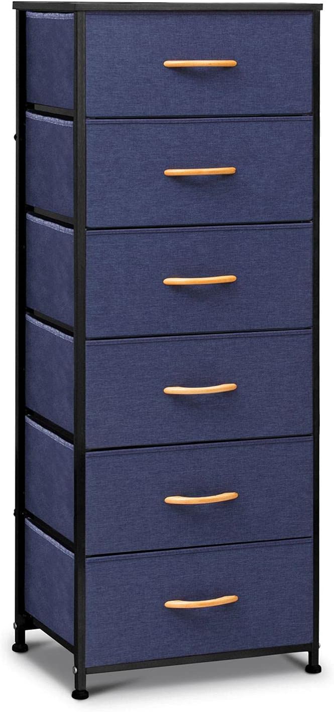 Gray Fabric 6 Drawers Vertical Storage Tower with Metal Frame and Wooden Top W3840