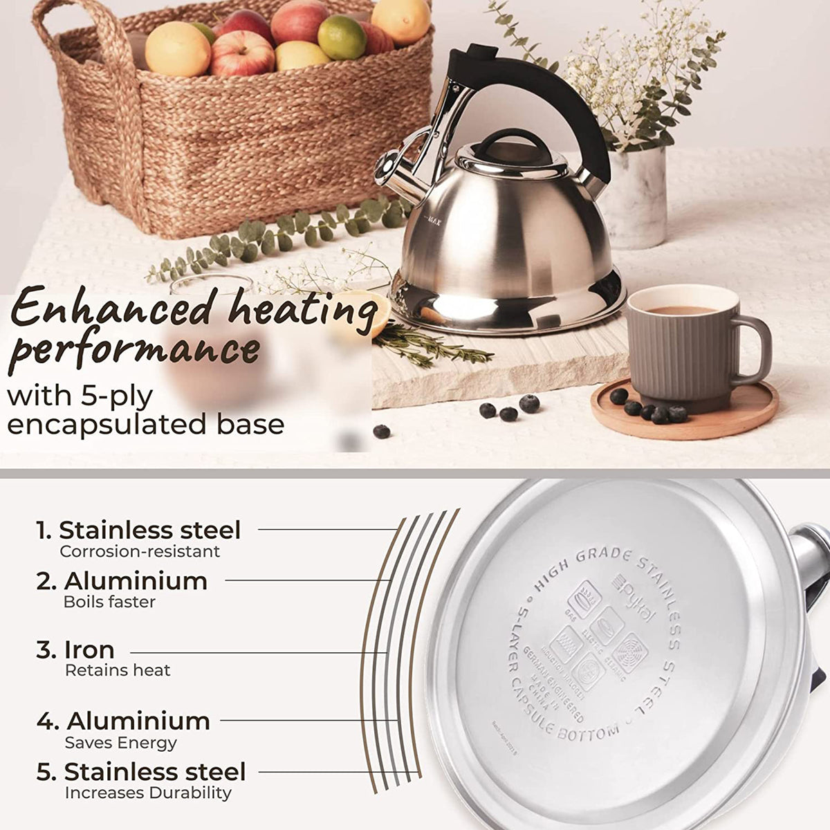 Silver Stainless Steel Whistling Tea Kettle with Handle and 2 Infusers V225672