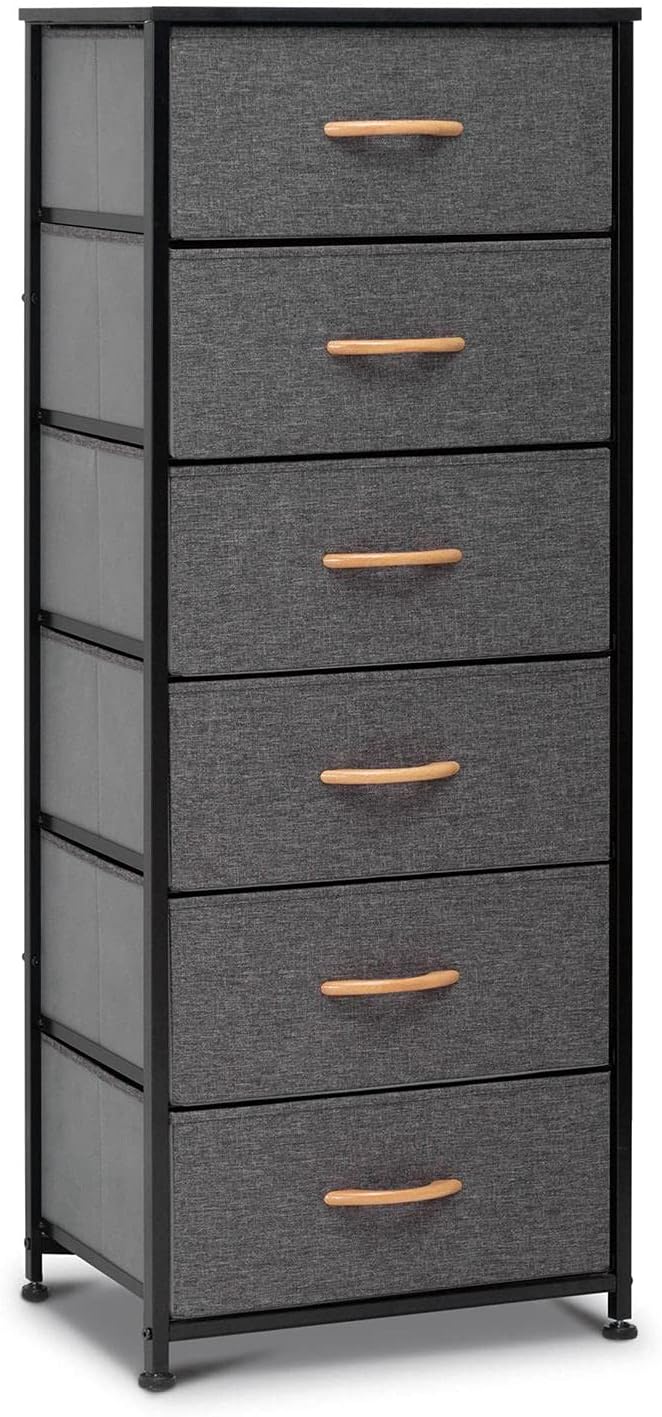 Gray Fabric 6 Drawers Vertical Storage Tower with Metal Frame and Wooden Top W3840