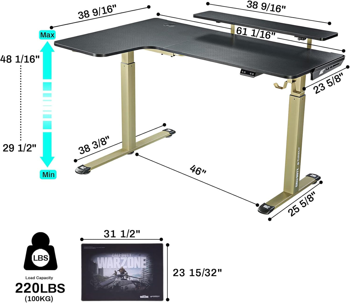 61 inches Height Adjustable Electric L-Shaped Standing Desk with USB Charged Monitor Stand Headphone Hook Mouse Pad Y3992